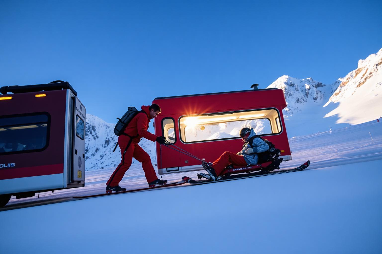 Un patrouilleur des pistes évacue un skieur blessé sur un traineau de secours dans les Alpes suisses