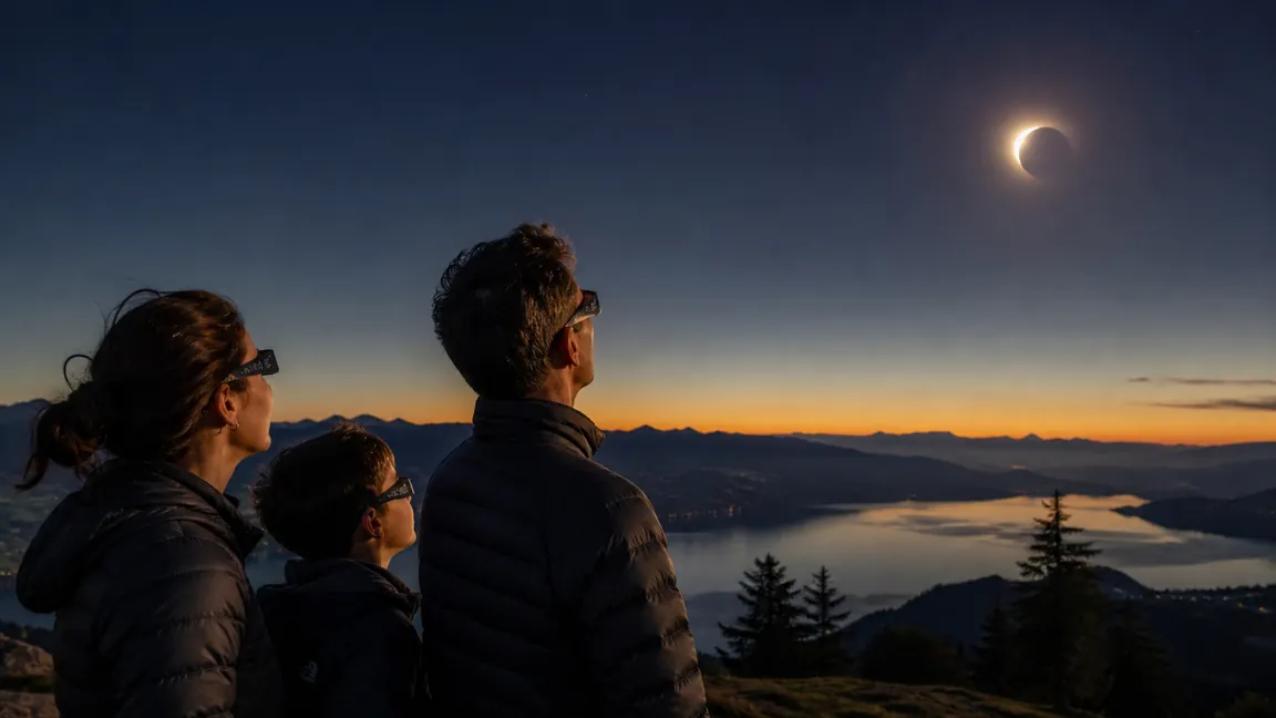 Famille observant l'éclipse solaire du 12 août 2026 en Suisse avec des lunettes de protection