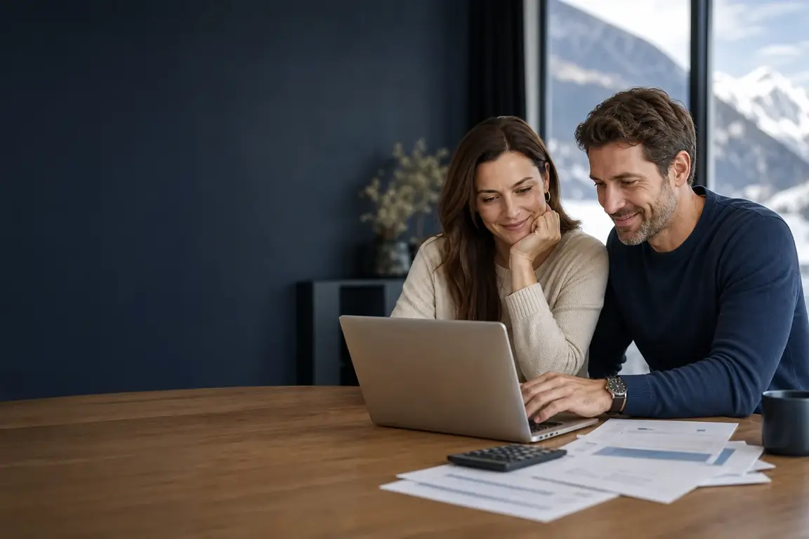 Un couple souriant calcule ses économies de primes sur un ordinateur portable face aux montagnes