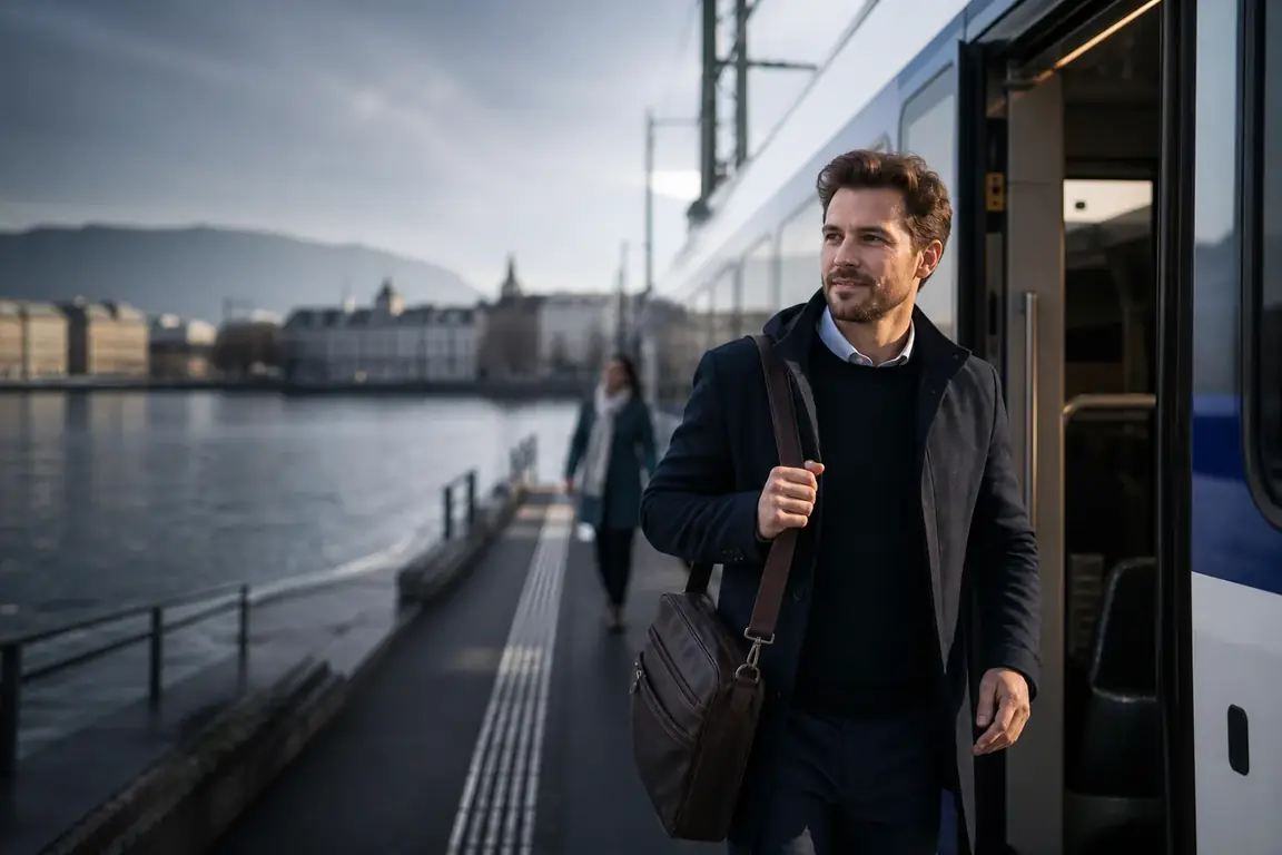 Un travailleur frontalier descend du train au bord du lac Léman le matin
