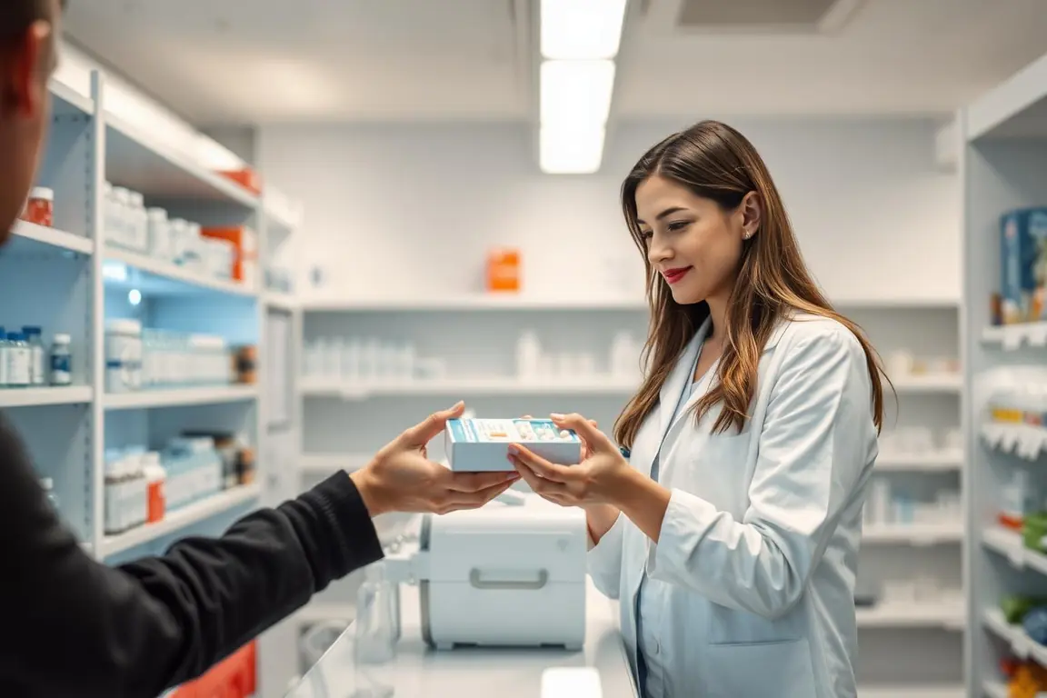 Une pharmacienne remet une boite de médicaments à un client au comptoir d'une pharmacie suisse