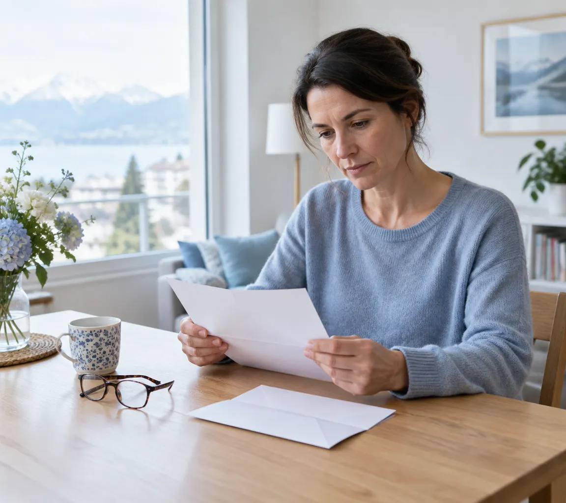 Une femme lit la lettre de sa caisse maladie annonçant sa nouvelle prime 2027