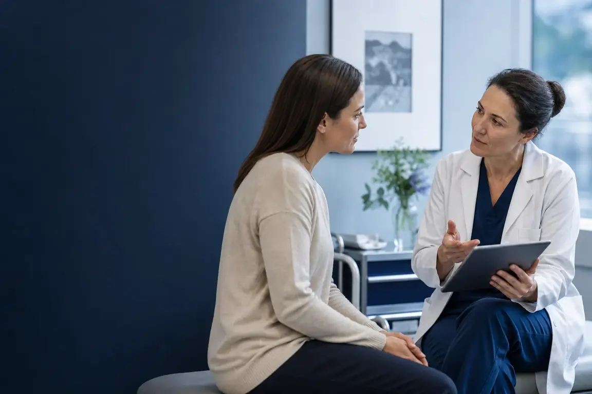 Une patiente échange avec une médecin qui présente son dossier sur une tablette