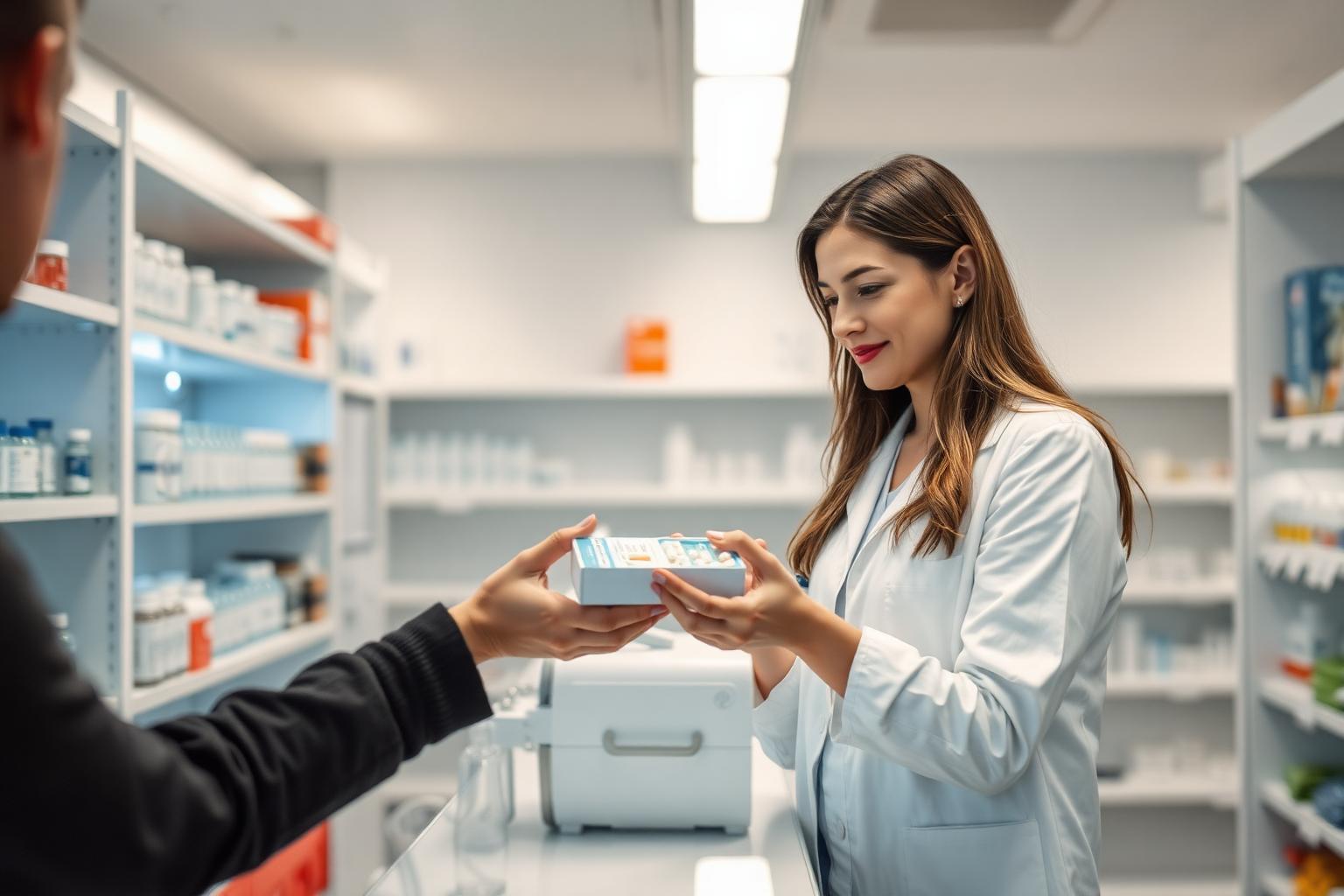 Une pharmacienne remet une boite de médicaments à un client au comptoir d'une pharmacie suisse