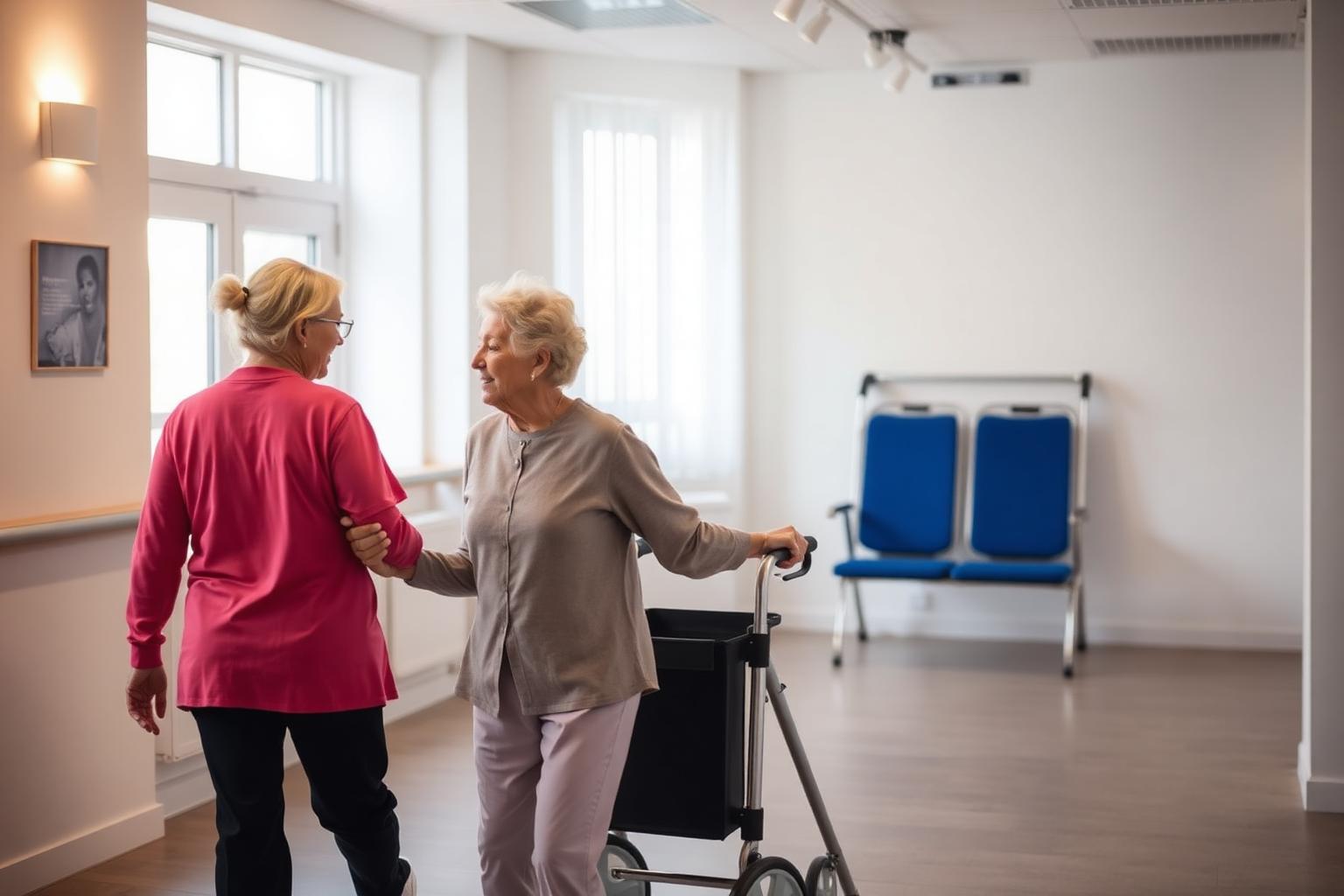 Une physiothérapeute accompagne une patiente âgée qui marche avec un déambulateur en salle de rééducation
